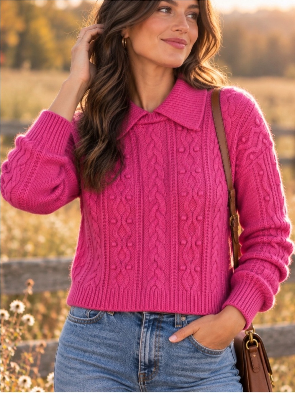Free People Cable-Knit Collar Sweater — Pink